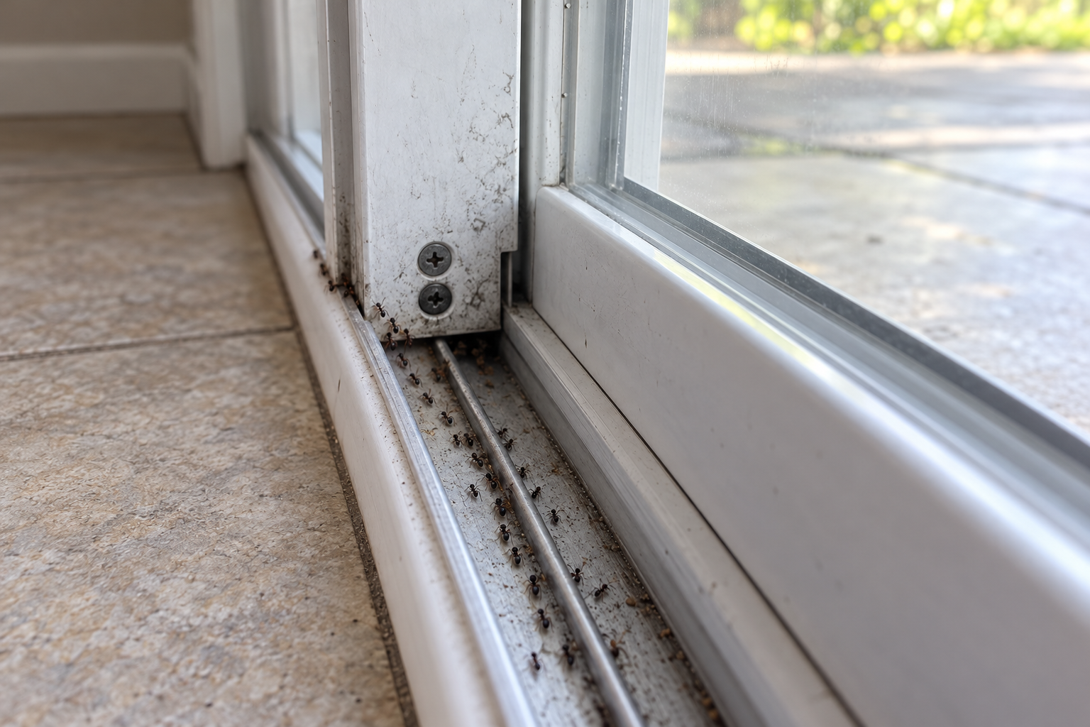 Line of ants running along a sliding door track