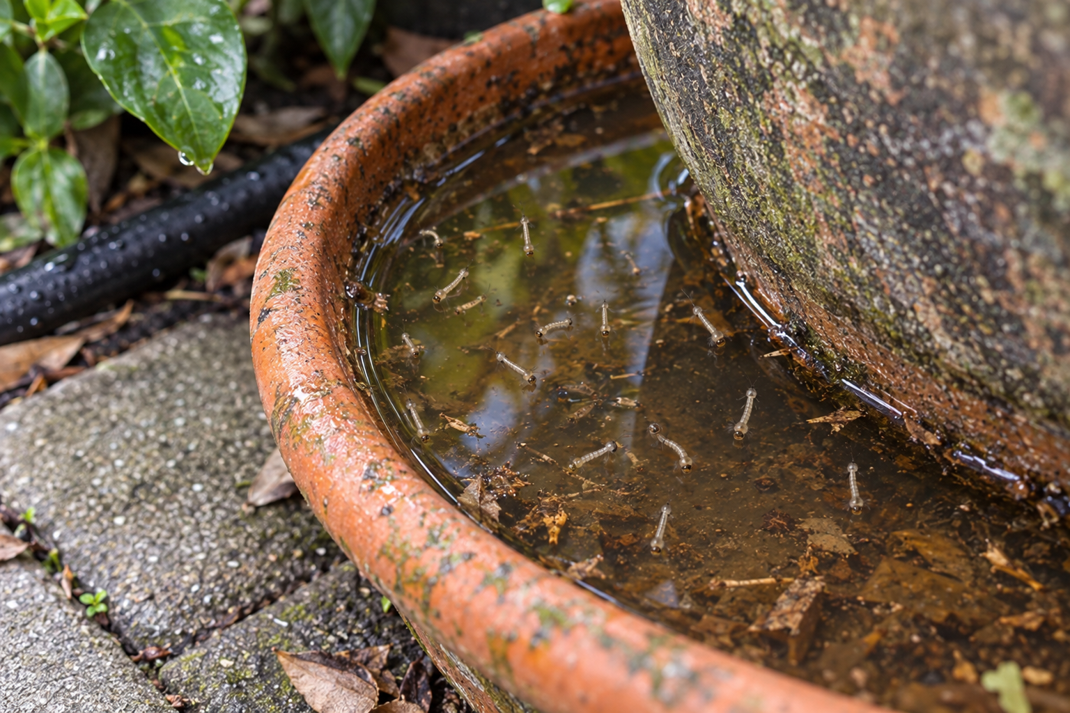 Mosquito larvae in a plant saucer of standing water