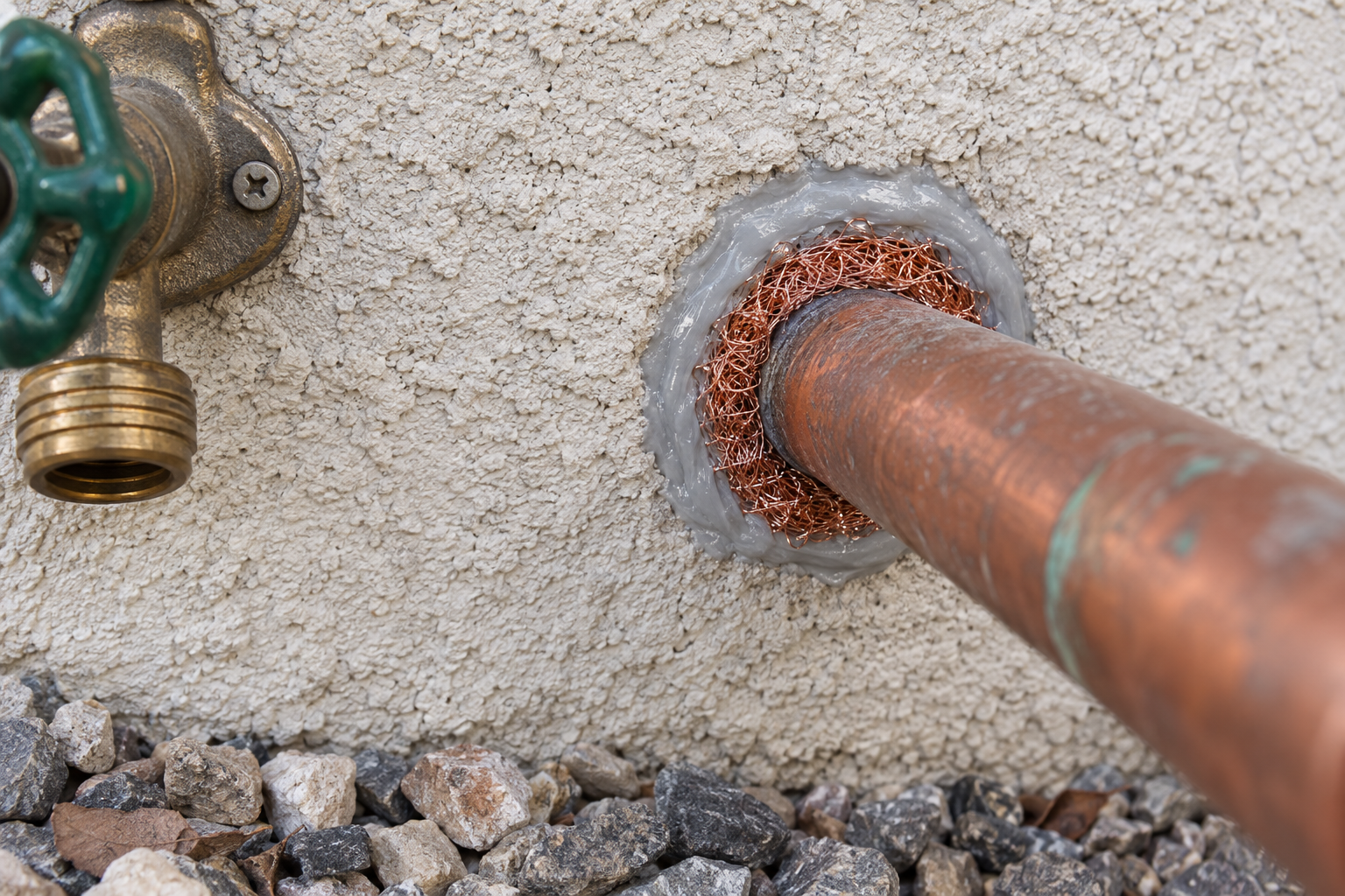 Copper mesh packed into a pipe gap in a stucco wall